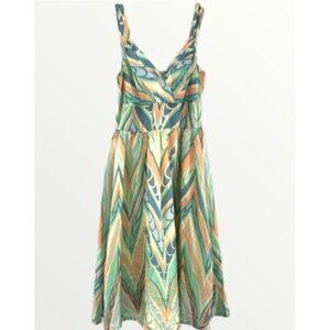 Anthropologie Teal Green and Peach Printed Wrap-Style Midi Dress